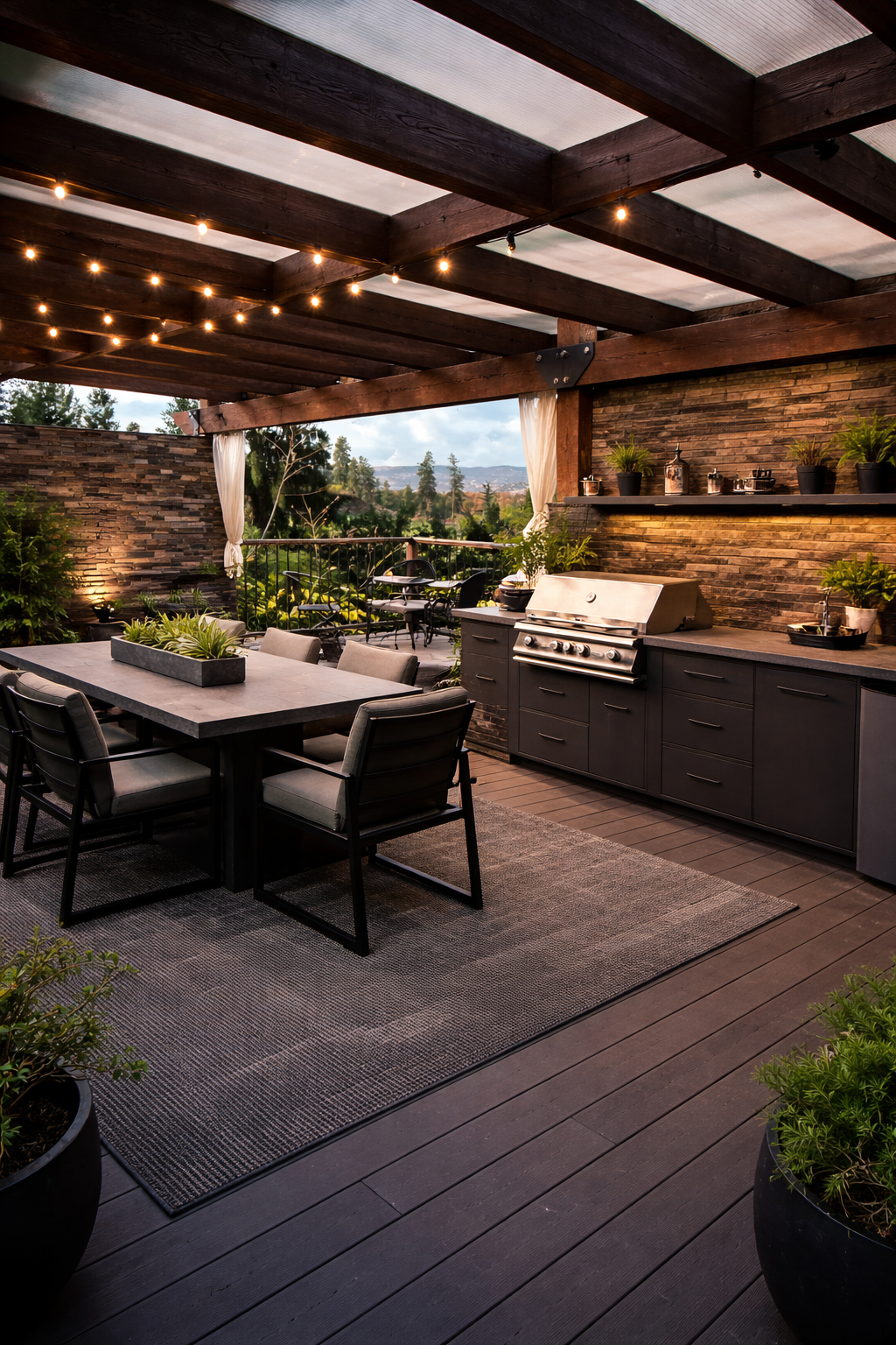 Outdoor patio with dining table and chairs, a built-in kitchen grill, a wooden pergola with string lights, potted plants, and scenic mountain view in the background.