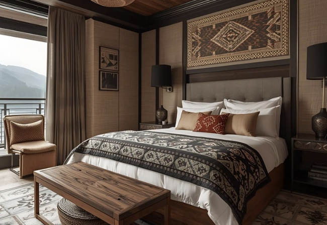 A luxurious hotel bedroom with a large bed decorated with patterned bedding and pillows. There are black bedside lamps, a wooden bench at the foot of the bed, a plush armchair near the window, and artwork hanging above the bed. The room features dark trim, textured walls, and a view of mountains outside.