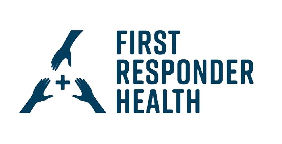 Logo with three stylized hands, one above the other, with a plus sign in the middle, and the text 'First Responder Health' to the right.