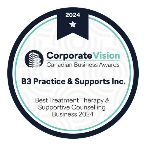 Award badge for B3 Practice & Supports Inc., recognizing Best Treatment Therapy & Supportive Counseling Business 2024 at the Canadian Business Awards, part of the Corporate Vision 2024 awards.