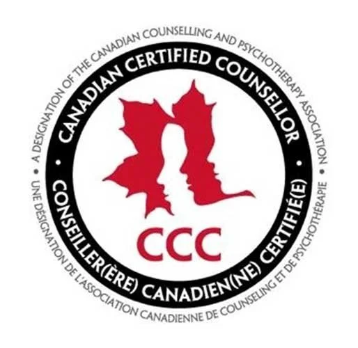 Logo of the Canadian Counselling and Psychotherapy Association featuring red maple leaves and a silhouette of a person's profile.