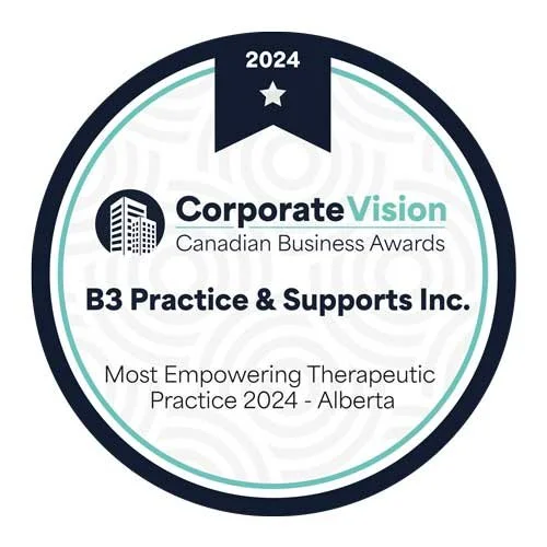 Award badge for B3 Practice & Supports Inc. at the 2024 Canadian Business Awards, recognizing Most Empowering Therapeutic Practice in Alberta.