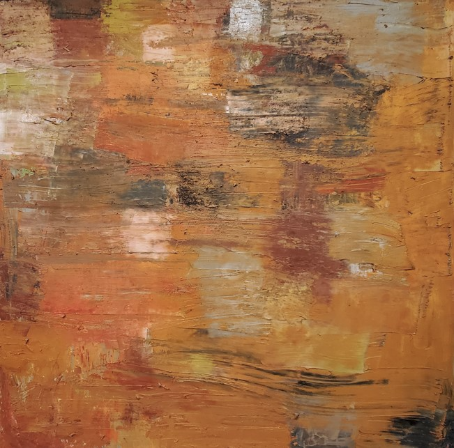 Abstract painting with broad strokes in earth tones including browns, oranges, beige, and hints of black and green.