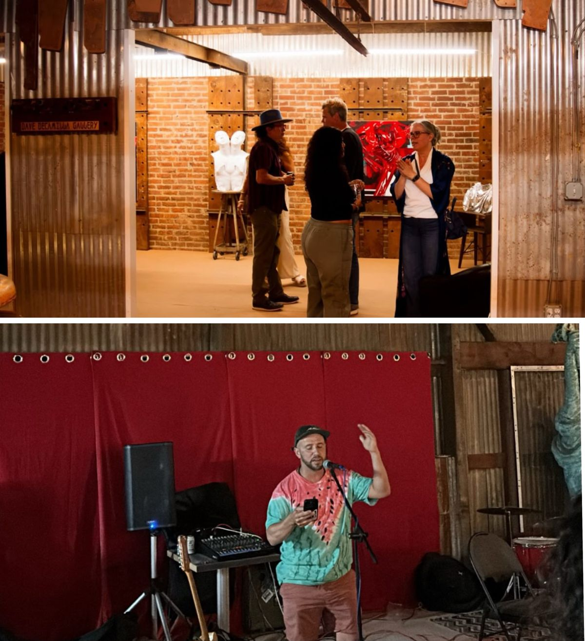A group of people talking in an art gallery with brick walls, and a man performing music or spoken word with a microphone in a rustic setting.