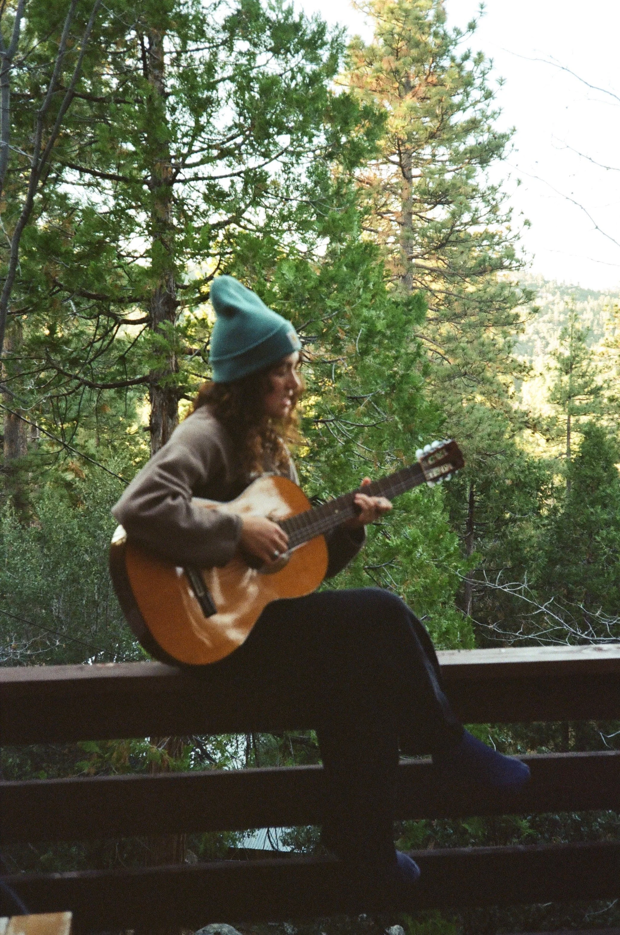 A person wearing a blue beanie and a brown jacket playing an acoustic guitar outdoors with a background of tall green pine trees.