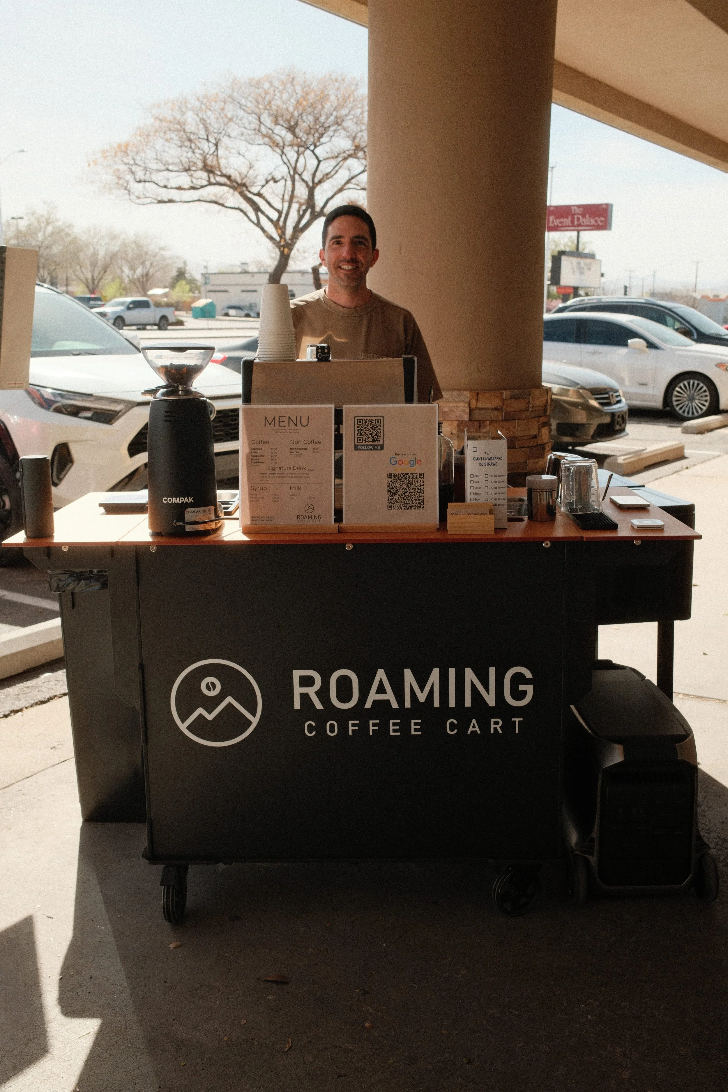 The owner of Roaming Coffee Cart Matt set up to serve coffee. 