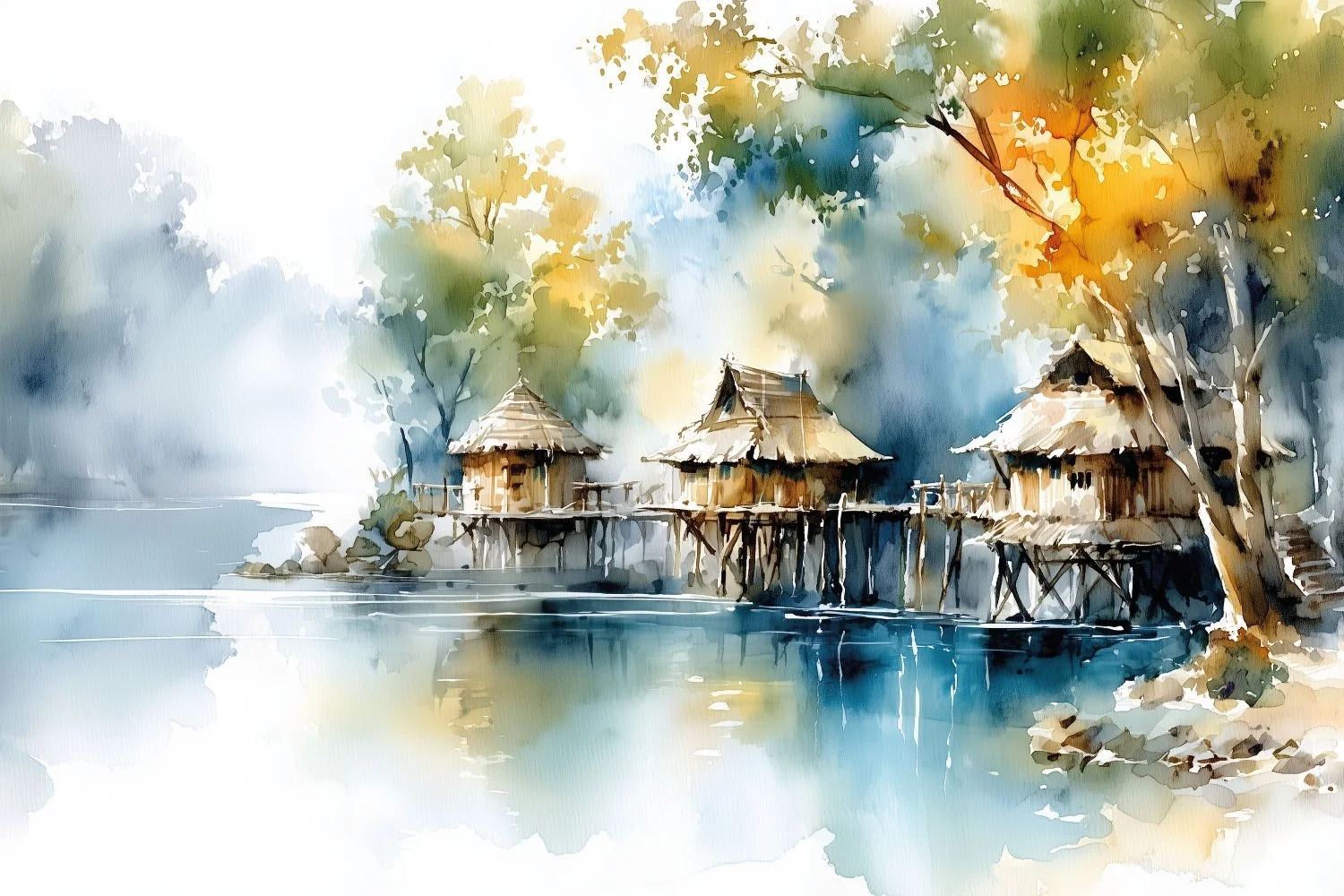 Traditionellen Holzhütten auf Stelzen über einem Gewässer, umgeben von Bäumen mit grünen und orangefarbenen Blättern, mit einem nebligen Hintergrund, dargestellt im Aquarellstil.