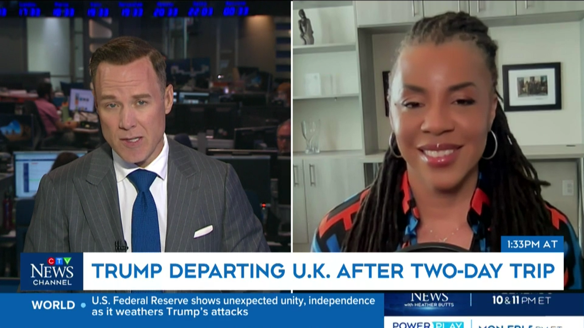 Screenshot of a news broadcast featuring a male news anchor in a suit and tie on the left and a woman with dreadlocks and earrings on the right, discussing Donald Trump's departure from the U.K.