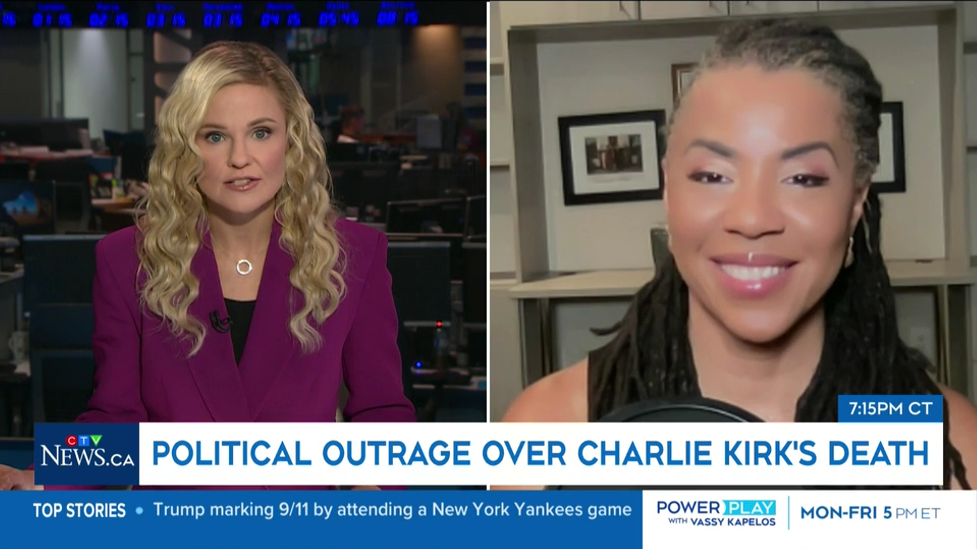 Television news broadcast with two women, one in a purple blazer on the left and the other with dreadlocks on the right, discussing political outrage over Charlie Kirk's death.
