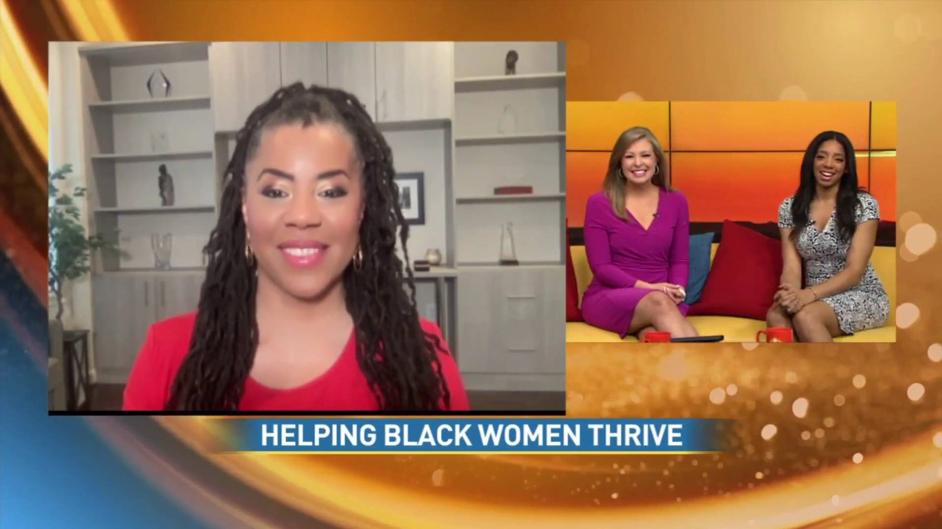 Screenshot of a television news segment titled 'Helping Black Women Thrive' featuring three women in a studio, two sitting on a yellow couch and one appearing via video call, with a warm background.