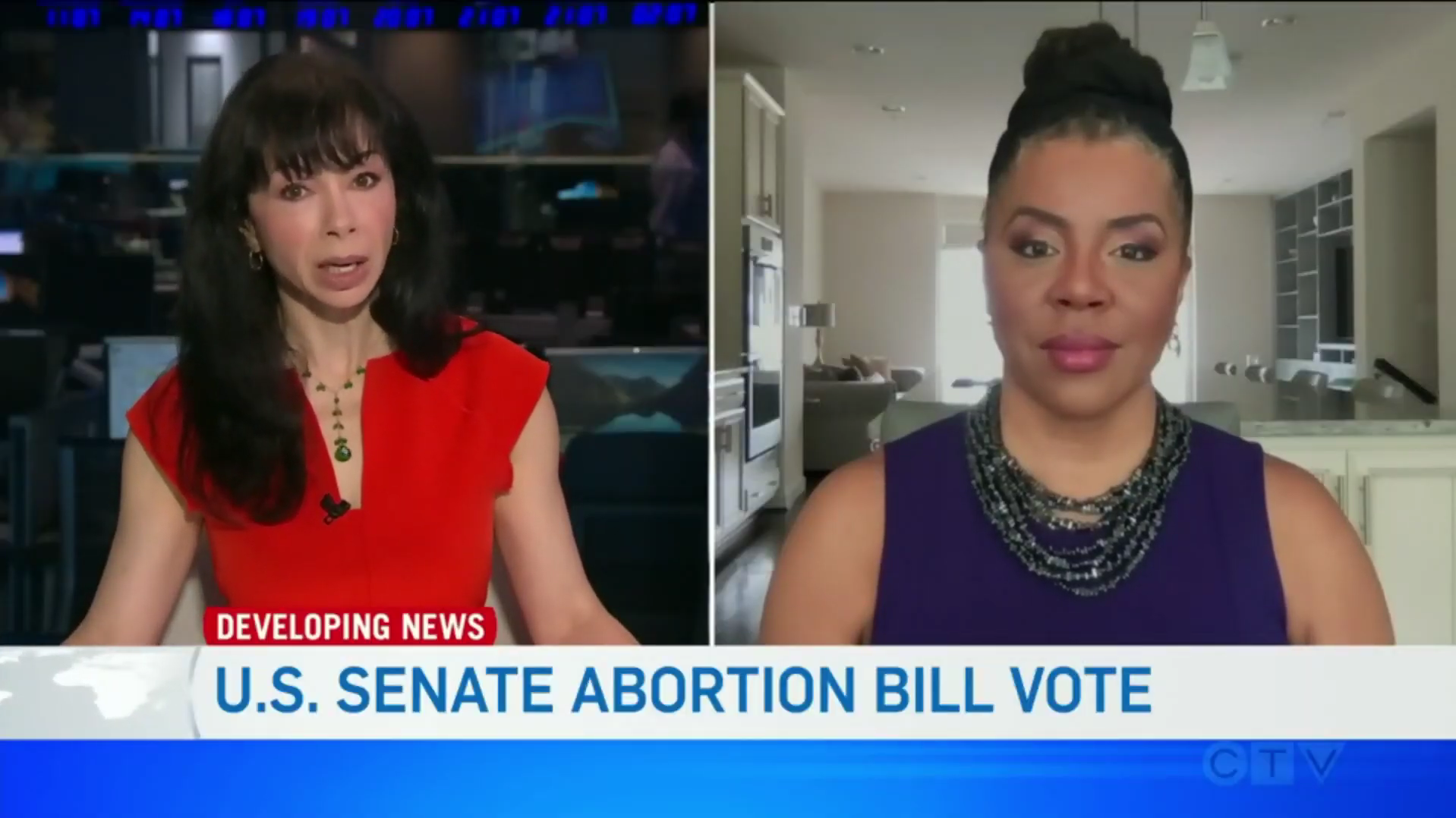 News broadcast showing two women discussing U.S. Senate abortion bill vote, with a red banner labeled 'Developing News' and a blue banner with the headline 'U.S. Senate Abortion Bill Vote'.