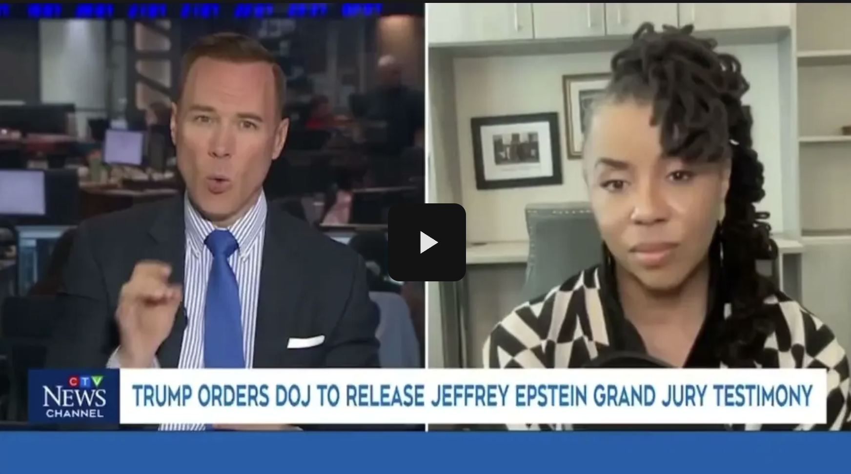 A split-screen image showing a news anchor on the left and a woman on the right during a televised news segment. The news ticker at the bottom reads: "Trump orders DOJ to release Jeffrey Epstein grand jury testimony."