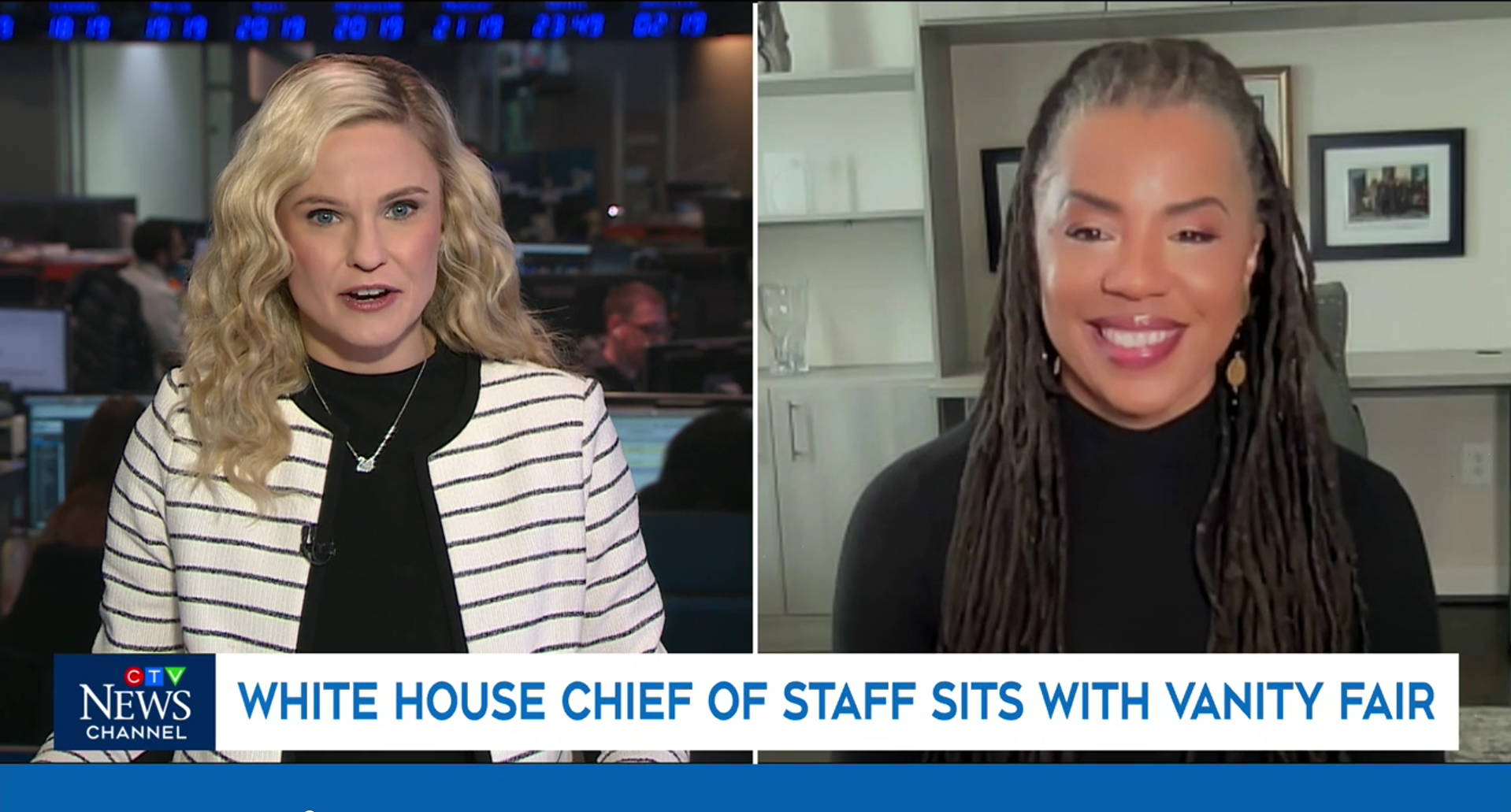 News broadcast with two women, one in a newsroom and the other in a home setting, discussing the White House Chief of Staff attending a Vanity Fair event.