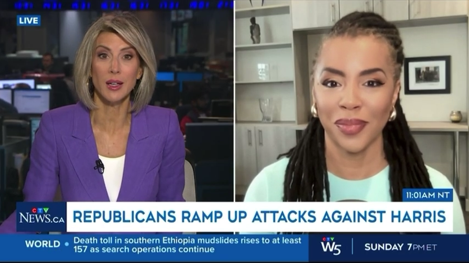Screenshot of a news broadcast showing two women, one news anchor in a purple blazer on the left and a woman with dreadlocks and earrings on the right, discussing political attacks against Harris. The headline reads 'REPUBLICANS RAMP UP ATTACKS AGAINST HARRIS.'