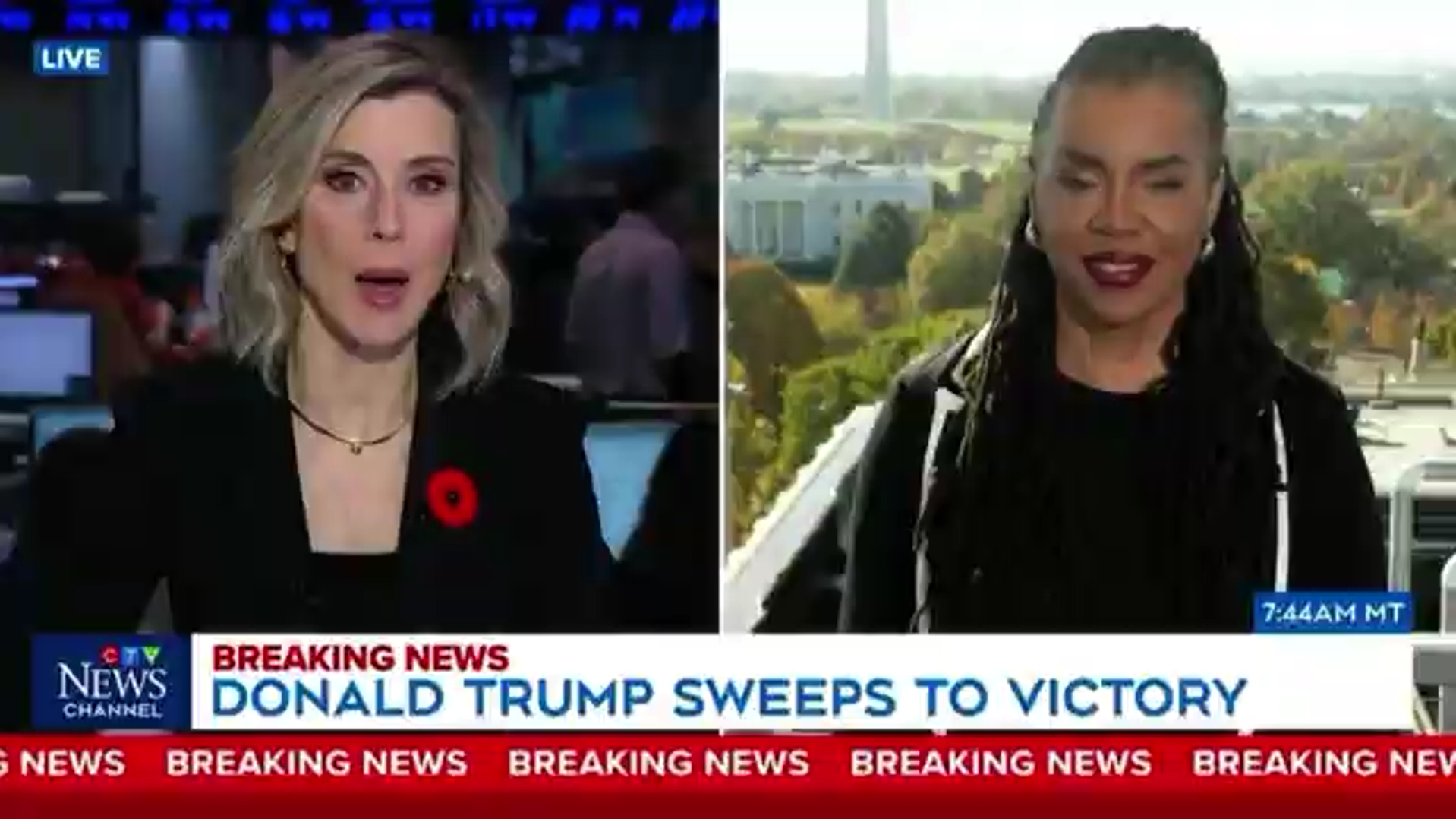 A split-screen image of two female news reporters: one indoors at a news studio and the other outdoors with a cityscape background. The news ticker at the bottom reads "BREAKING NEWS: DONALD TRUMP SWEEPS TO VICTORY," with a timestamp of 7:44 AM MT.