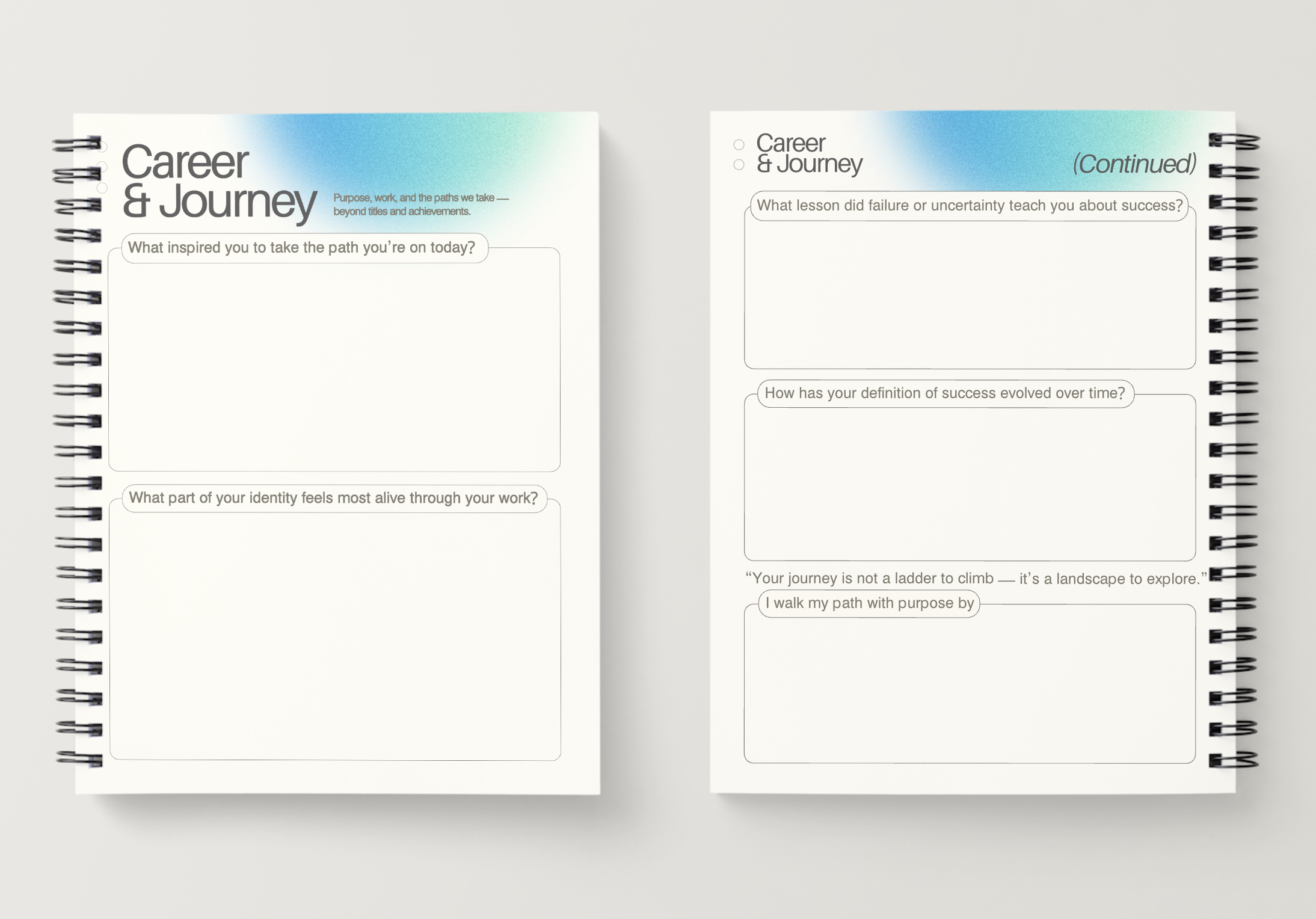 Open spiral notebooks with 'Career & Journey' titles, featuring prompts for reflection on purpose, achievement, identity, lessons from failure, and success, with a gradient blue to green header.