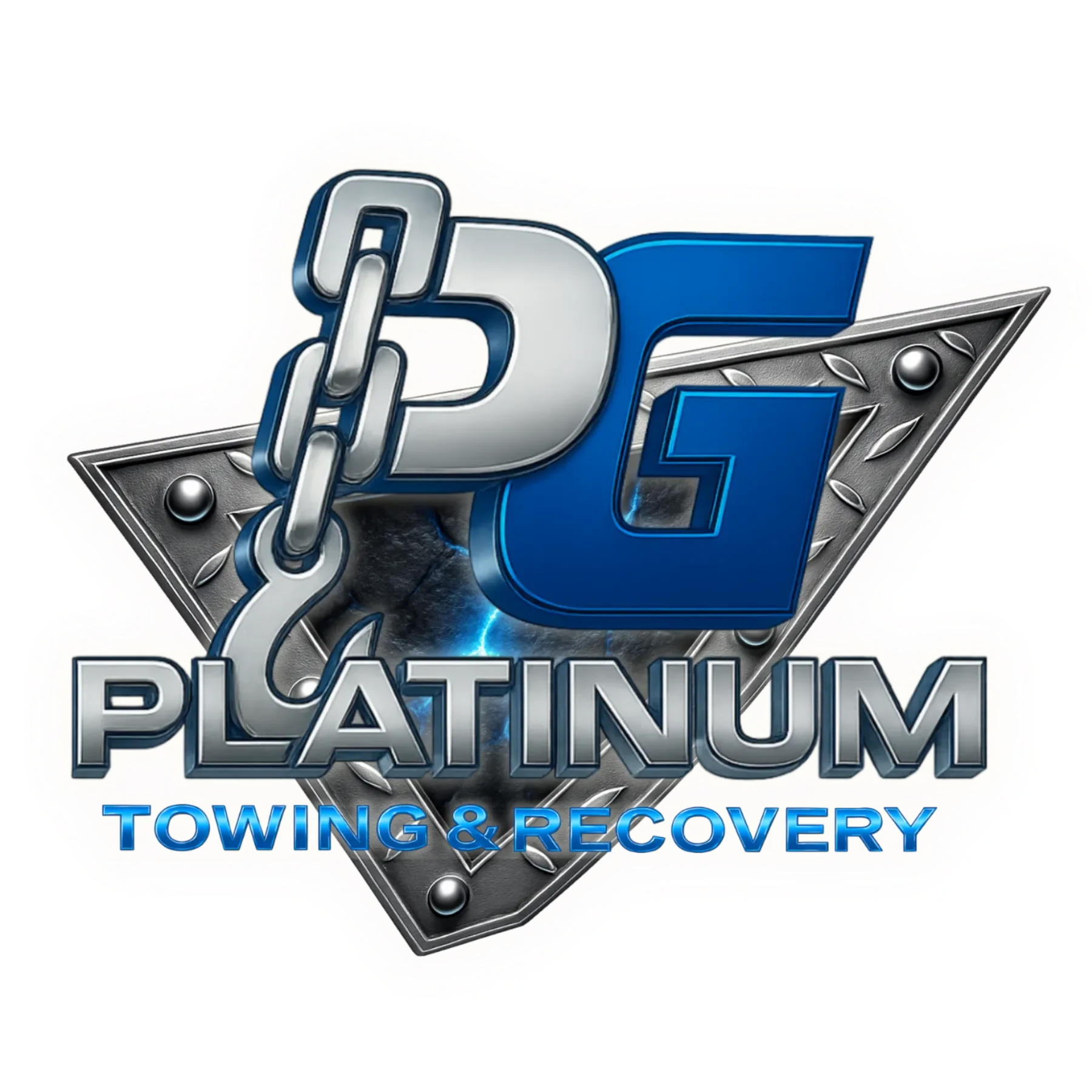 Logo for Platinum Towing & Recovery featuring metallic chain and chain links, with the words 'PLATINUM TOWING & RECOVERY' in bold metallic and blue letters.
