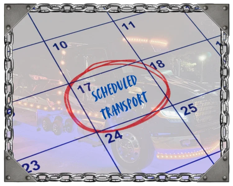 A calendar page with the date 17, showing a red circle around the words 'Scheduled Transport' written in blue, overlaid on a background of parked trucks, with the entire image framed by chains and metal corner protectors.