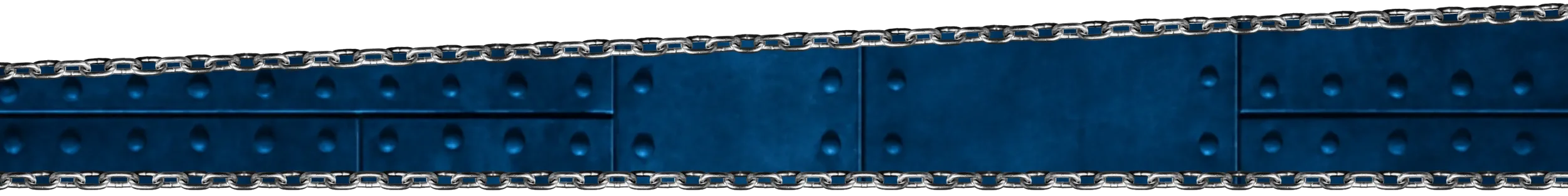 Close-up of chains and riveted metal plates, with a black background.