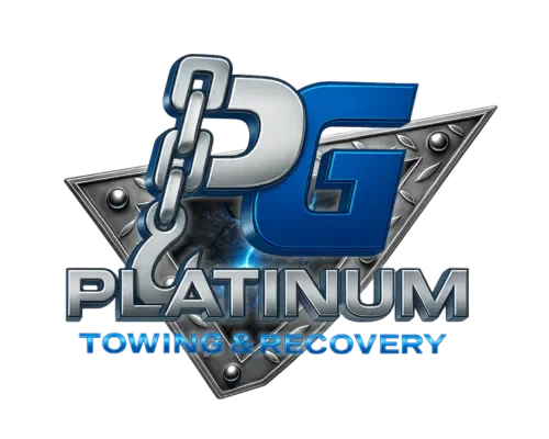 Logo for PG Platinum Towing & Recovery, featuring a chain, a stylized PG graphic, and metallic elements.