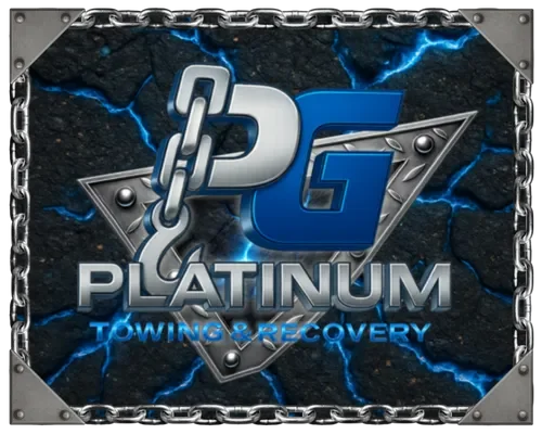 Logo for P&G Platinum Towing & Recovery with a dark background and blue lightning, featuring large blue and silver text.