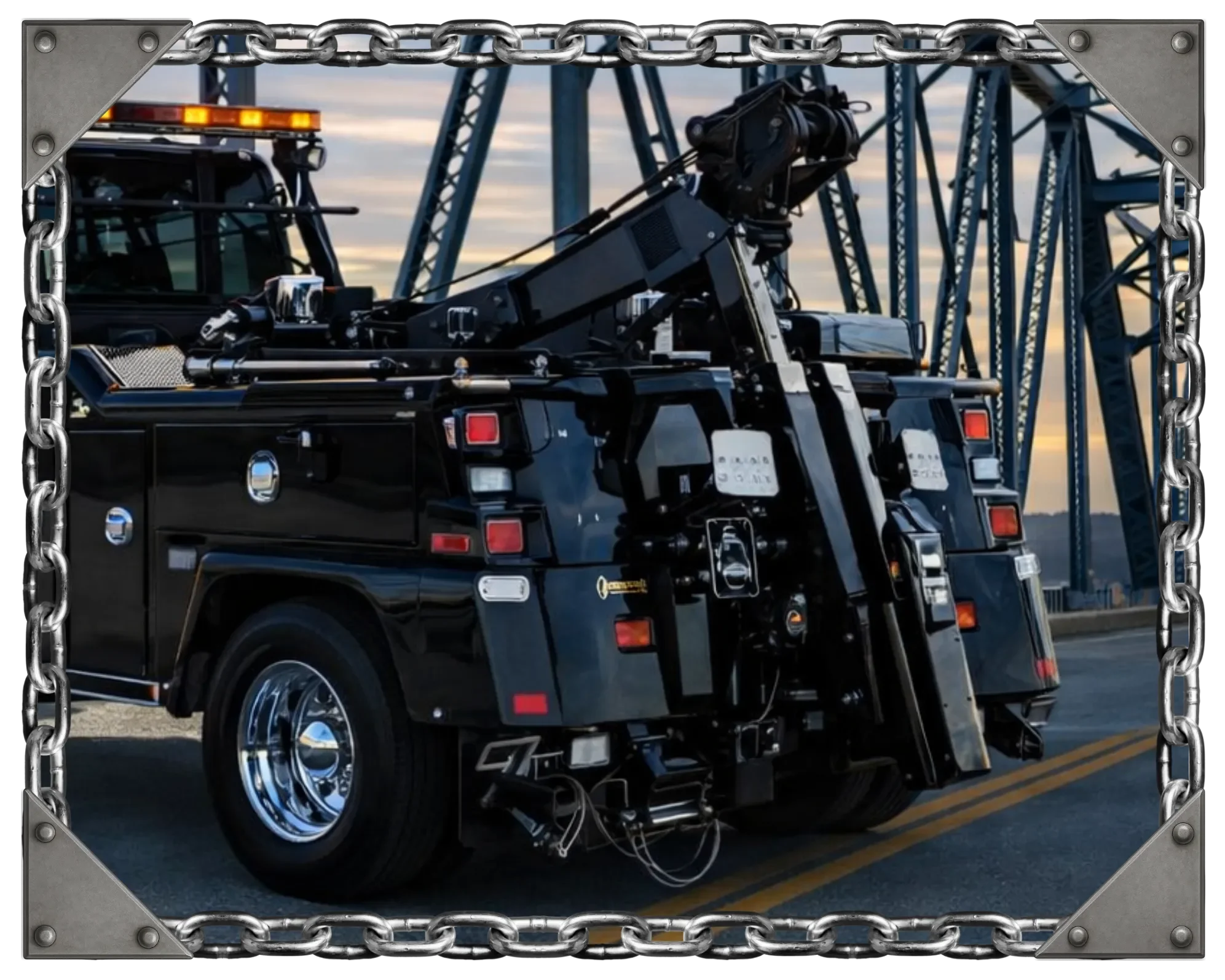 A tow truck parked on a road during sunset, with a bridge structure in the background.