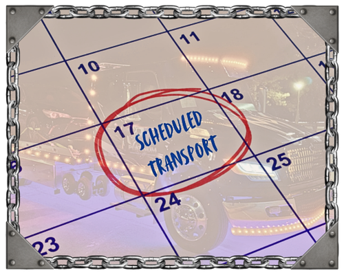 A calendar page with the date 17, showing a red circle around the words 'Scheduled Transport' written in blue, overlaid on a background of parked trucks, with the entire image framed by chains and metal corner protectors.