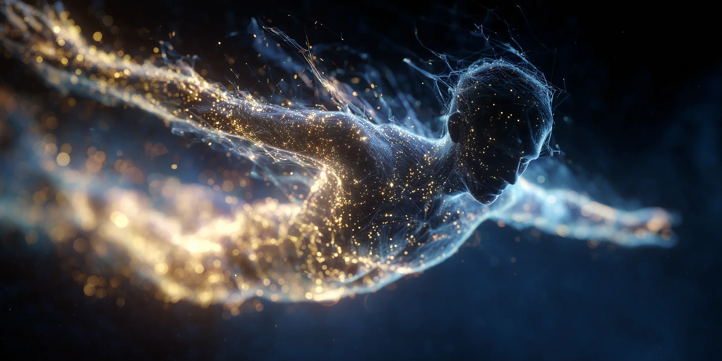 schwebende Silhouette eines Menschen löst sich in goldenen Lichtpunkten auf