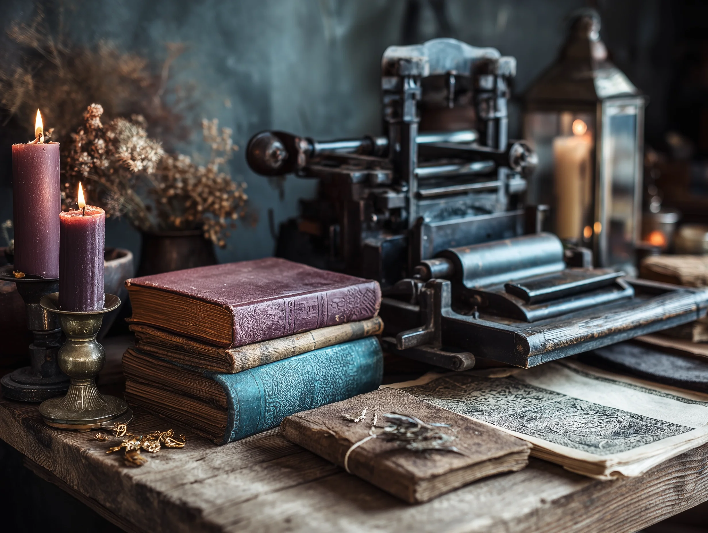 Selfpublisher-Begleitung: Alte Druckmaschine und Bücher