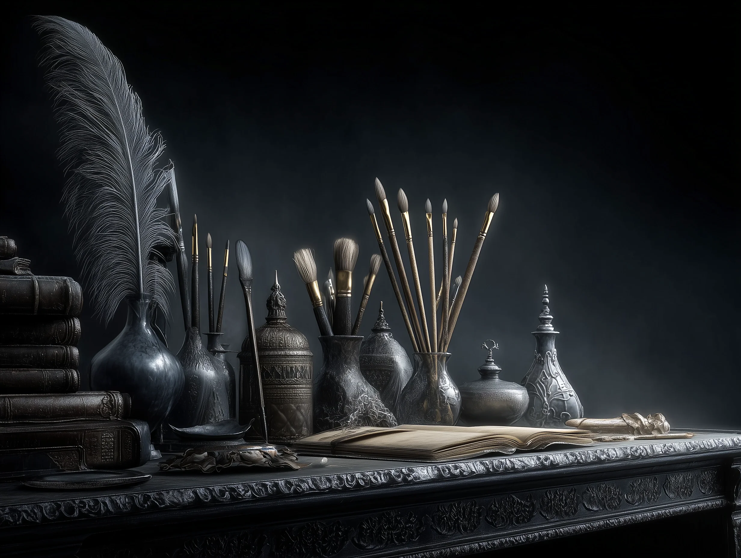 Coverdesign: Pinsel, Vasen und altes Buch auf Tisch, dunkler gothic Hintergrund