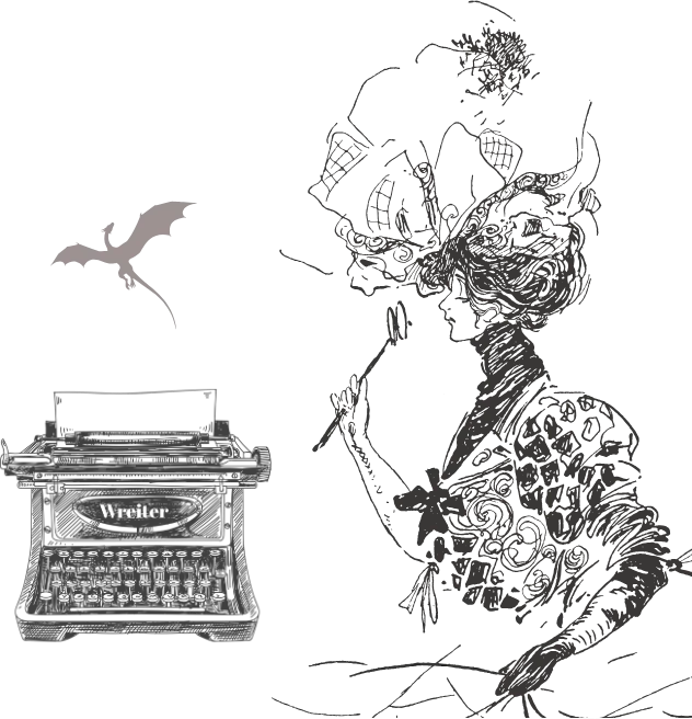 Lustige Lektorin mit Leselupe, Schreibmaschine und Drache