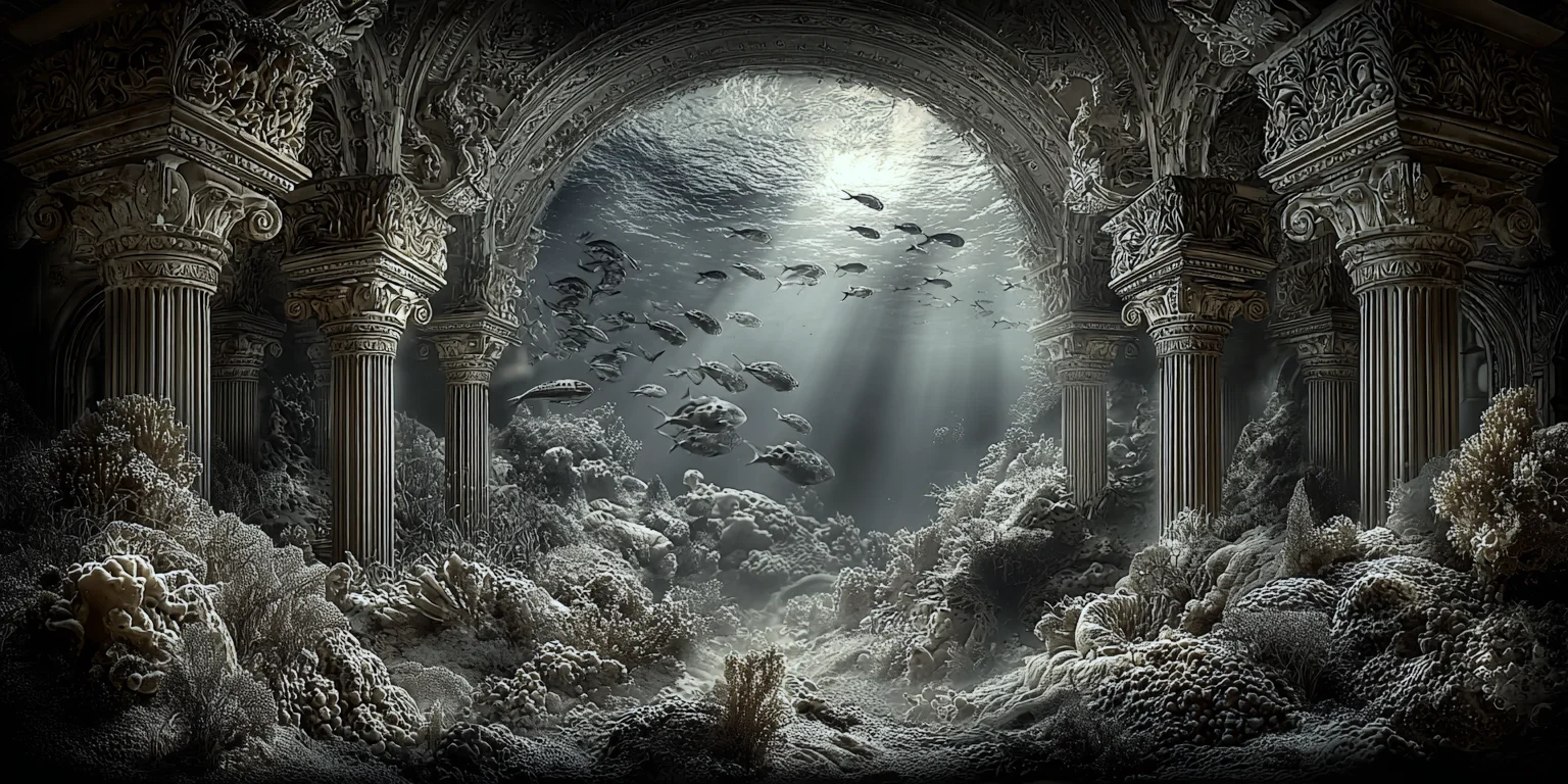 Märchenhafte Ruinen und Säulen einer unetrgegangenen Kultur unter Wasser, Lichtreflexe und Fische