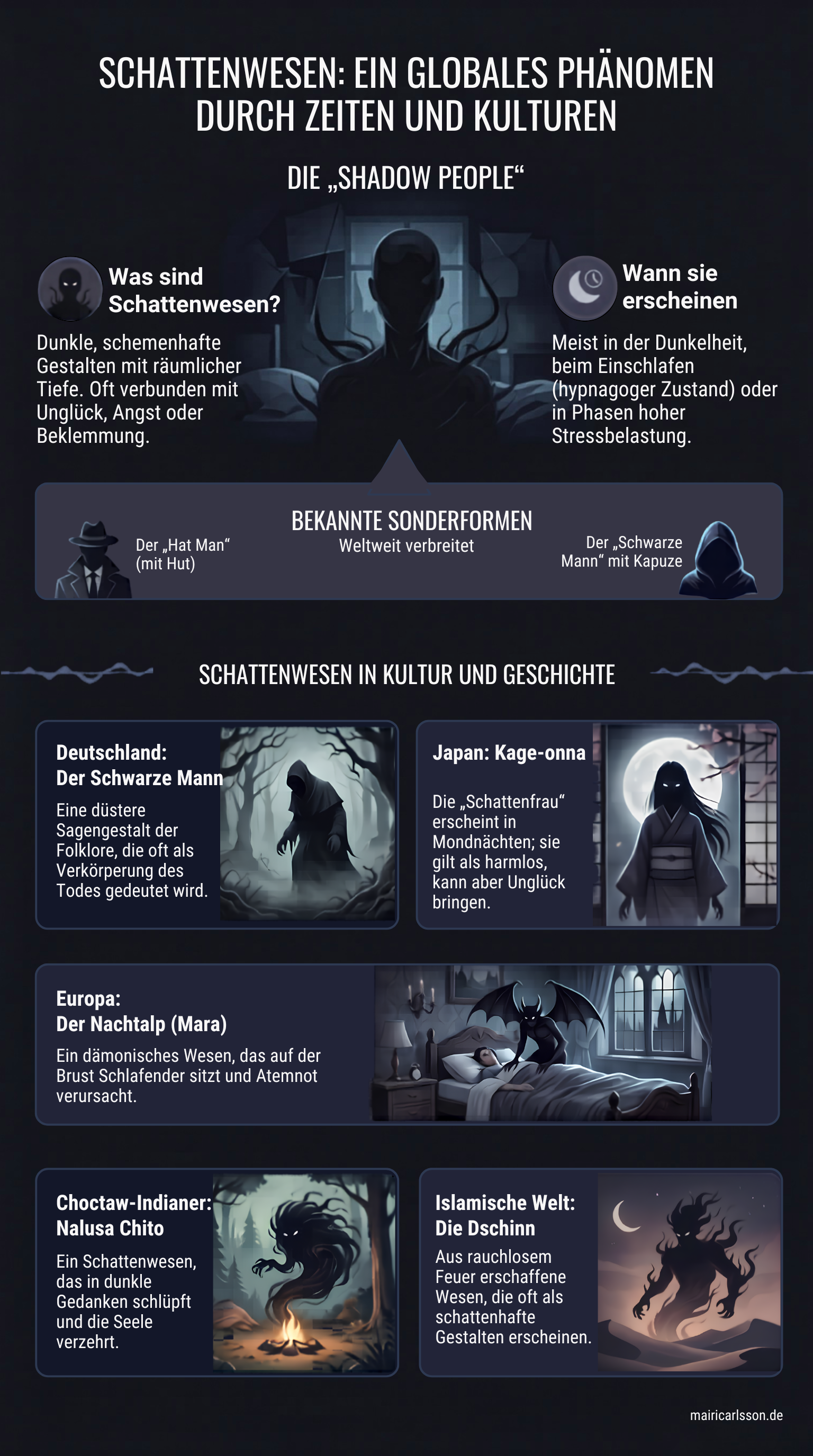 Infografik mit Abbildungen kulturell verschiedener Schattenwesen-Variationen und kurzer Erläuterung