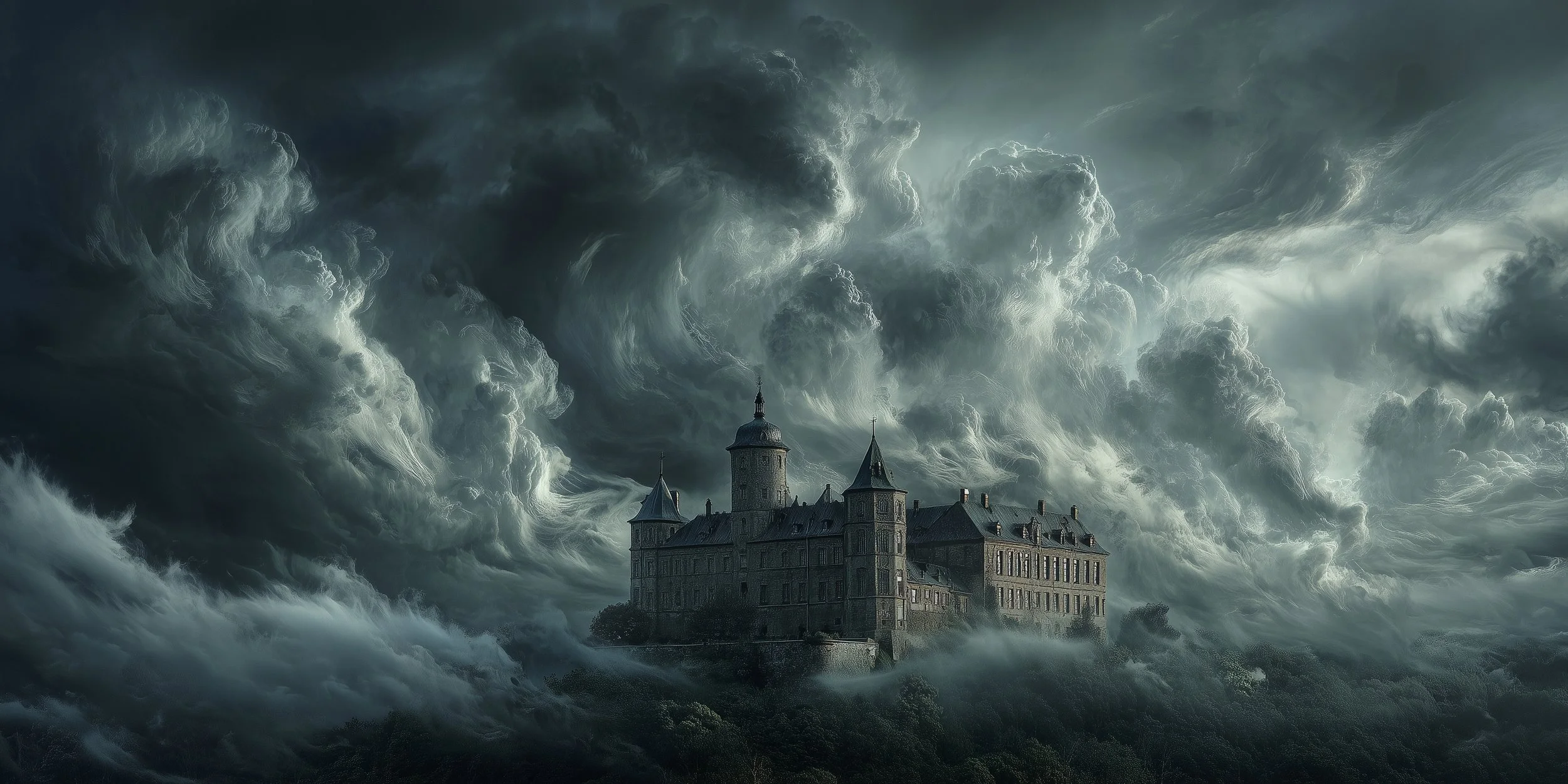 Eine Burg, eingefasst von dicken Sturmwolken