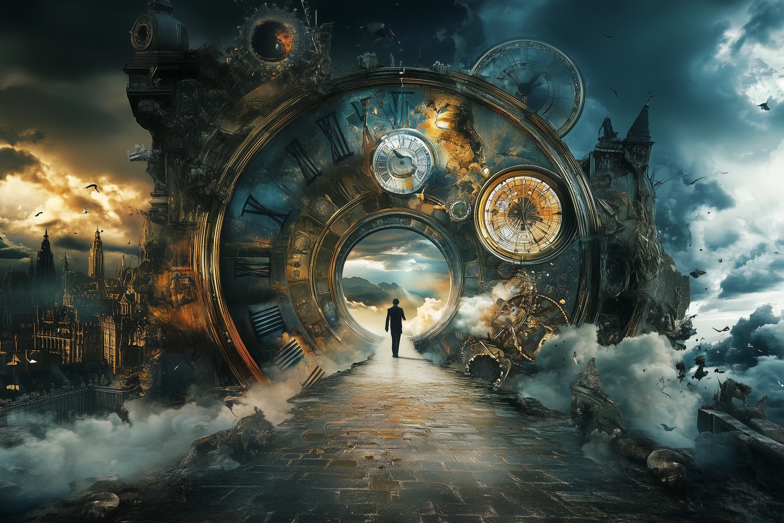 Mandela Effekt: Ein Mnesch schreitet durch ein Zeittor bestehend aus Uhren