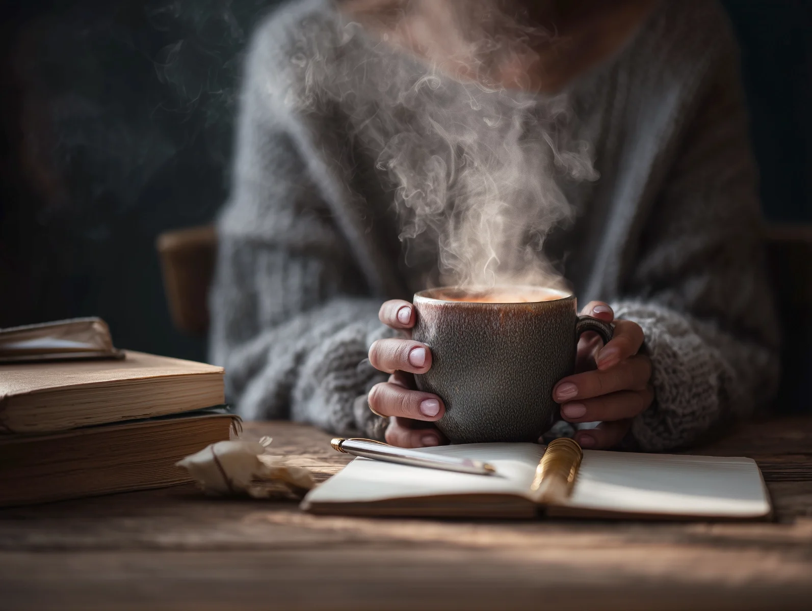 Frau hält dampfende Teetasse, gemütlich