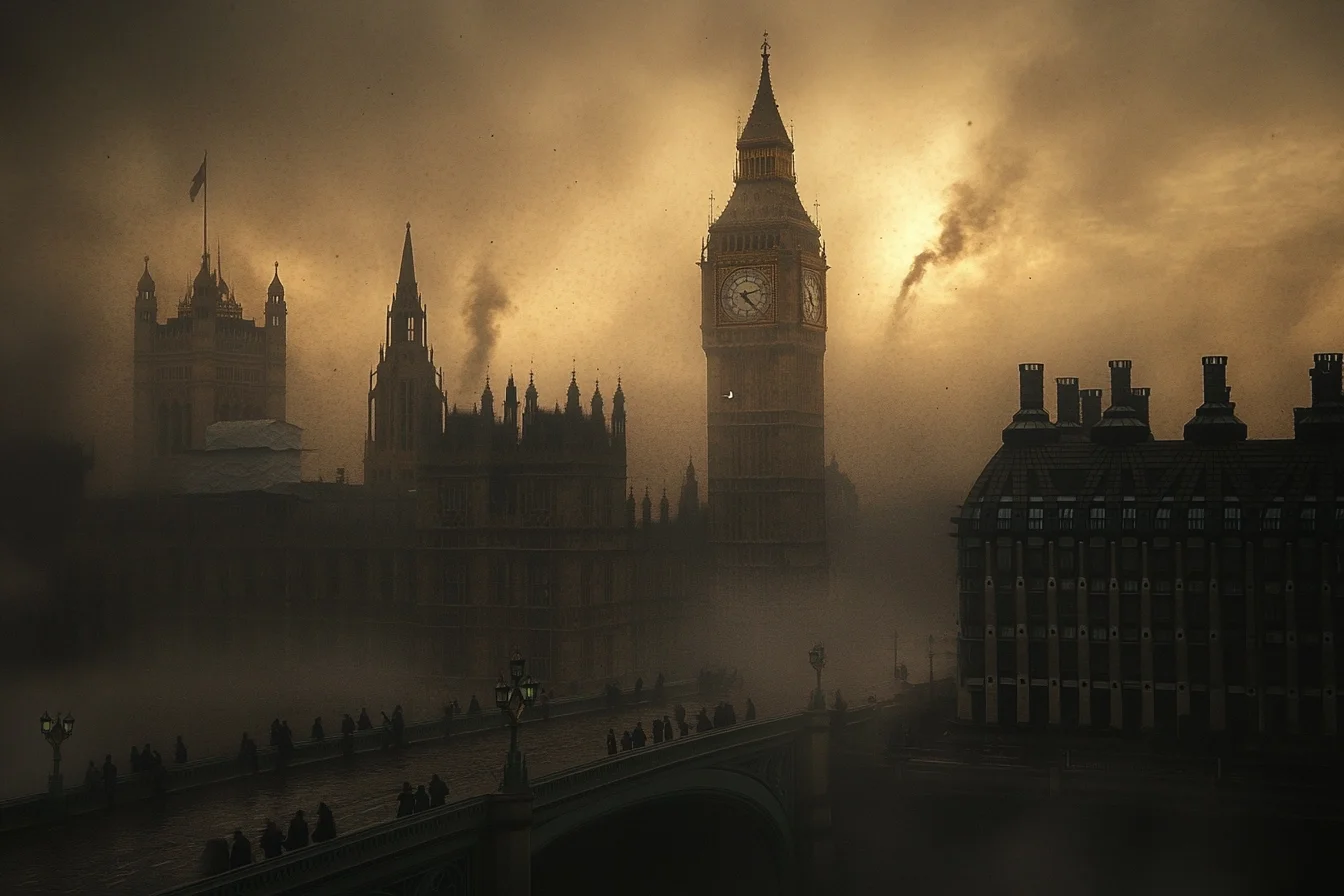 London in einem gelbroten Nebel nach dem Carrington Event Sonnensturm