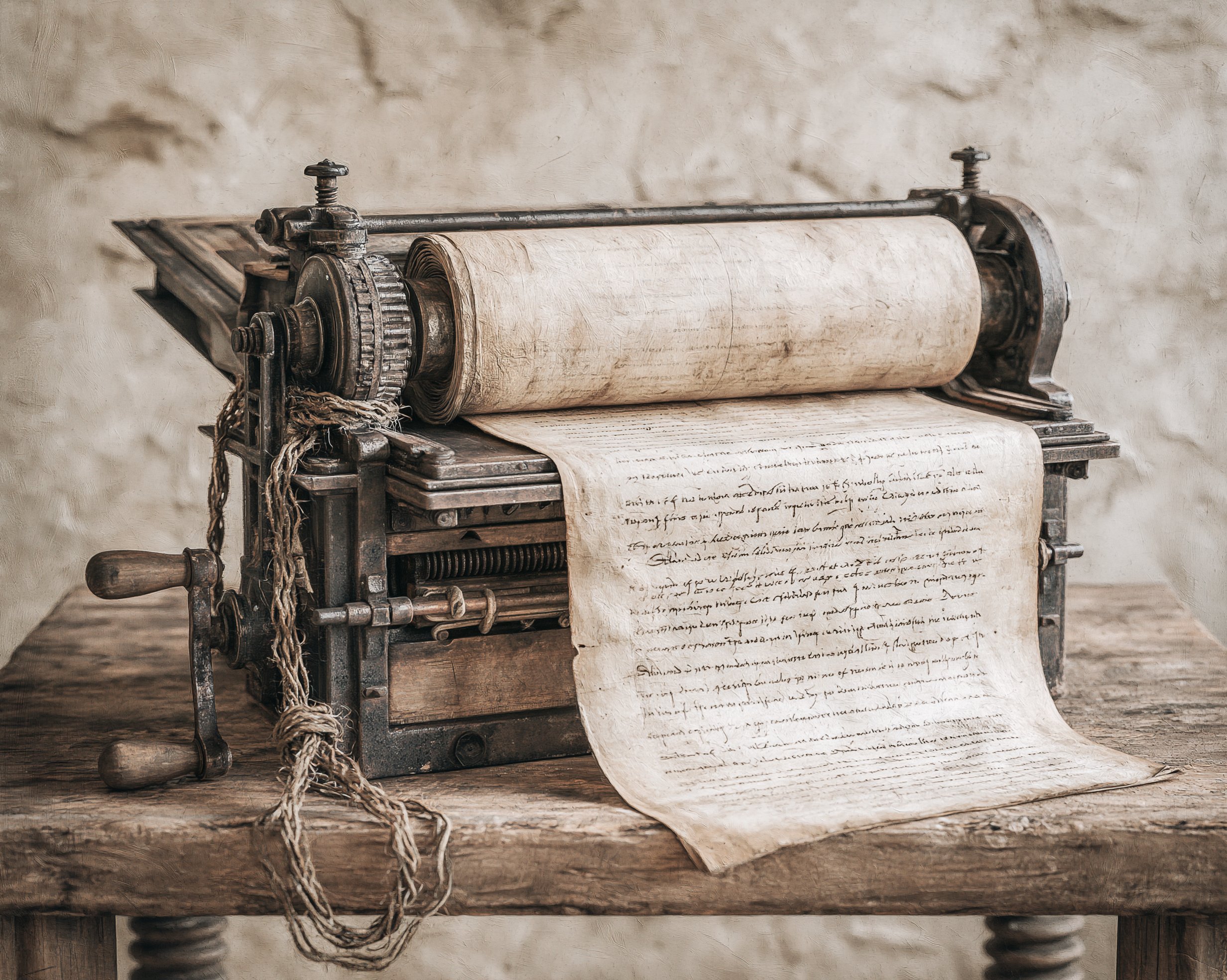 Alte handbetriebene Druckmaschine mit Papierrolle, auf der handgeschriebener Text zu sehen ist, auf Holztisch mit neutralem Hintergrund