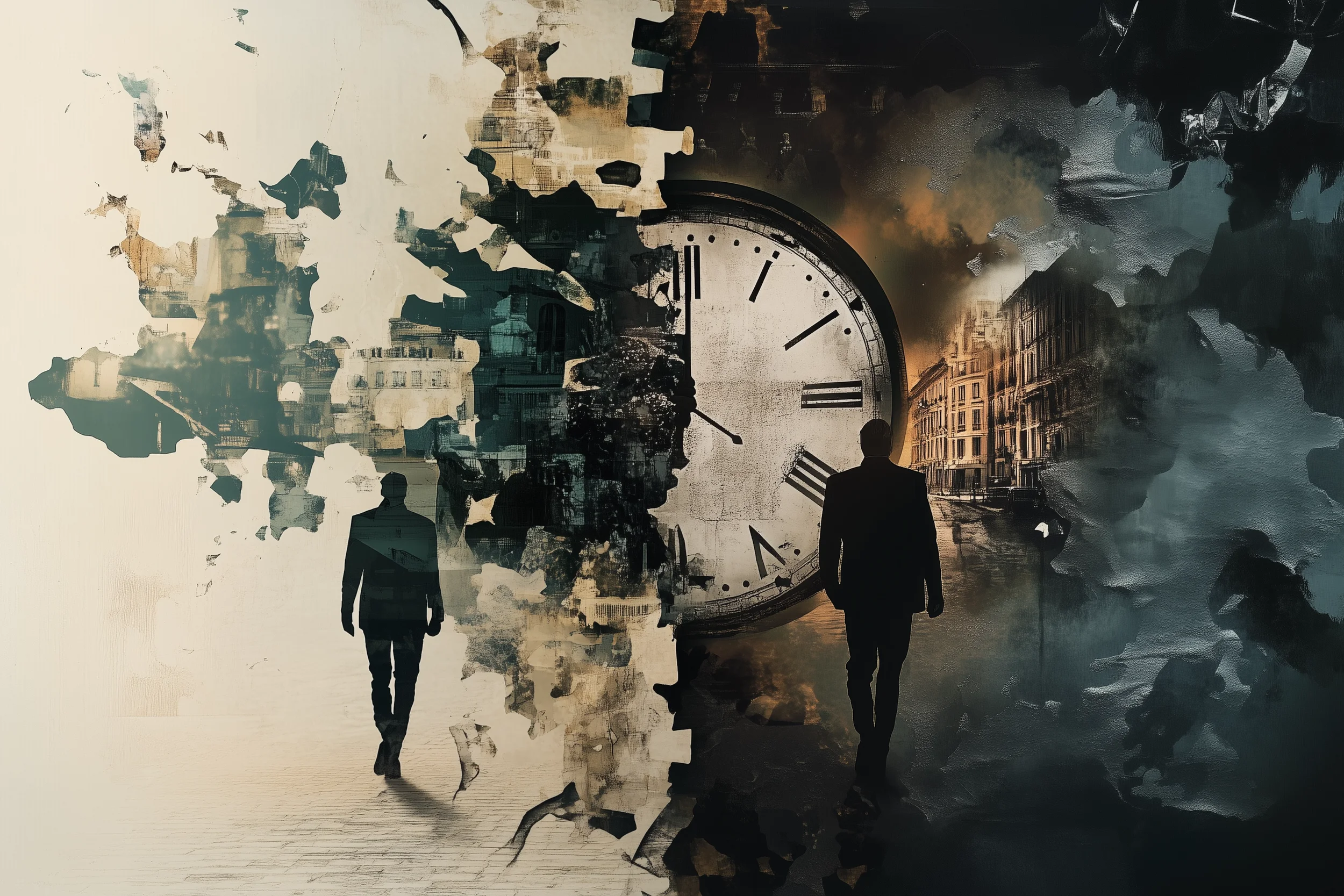 Collage einer Uhr, die sich auf einer Seite auflöst. Zwei Menschen laufen parallel auf die jeweiligen Hälften der Uhr zu.