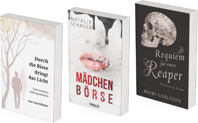 Drei Buchcover nebeneinander, die erste ist 'Durch die Risse dringt das Licht' von Lea Söhner, die zweite ist 'Mädchenbörse' von Natalie Schauer, die dritte ist 'Requiem für einen Reaper' von Mairi Carlsson.