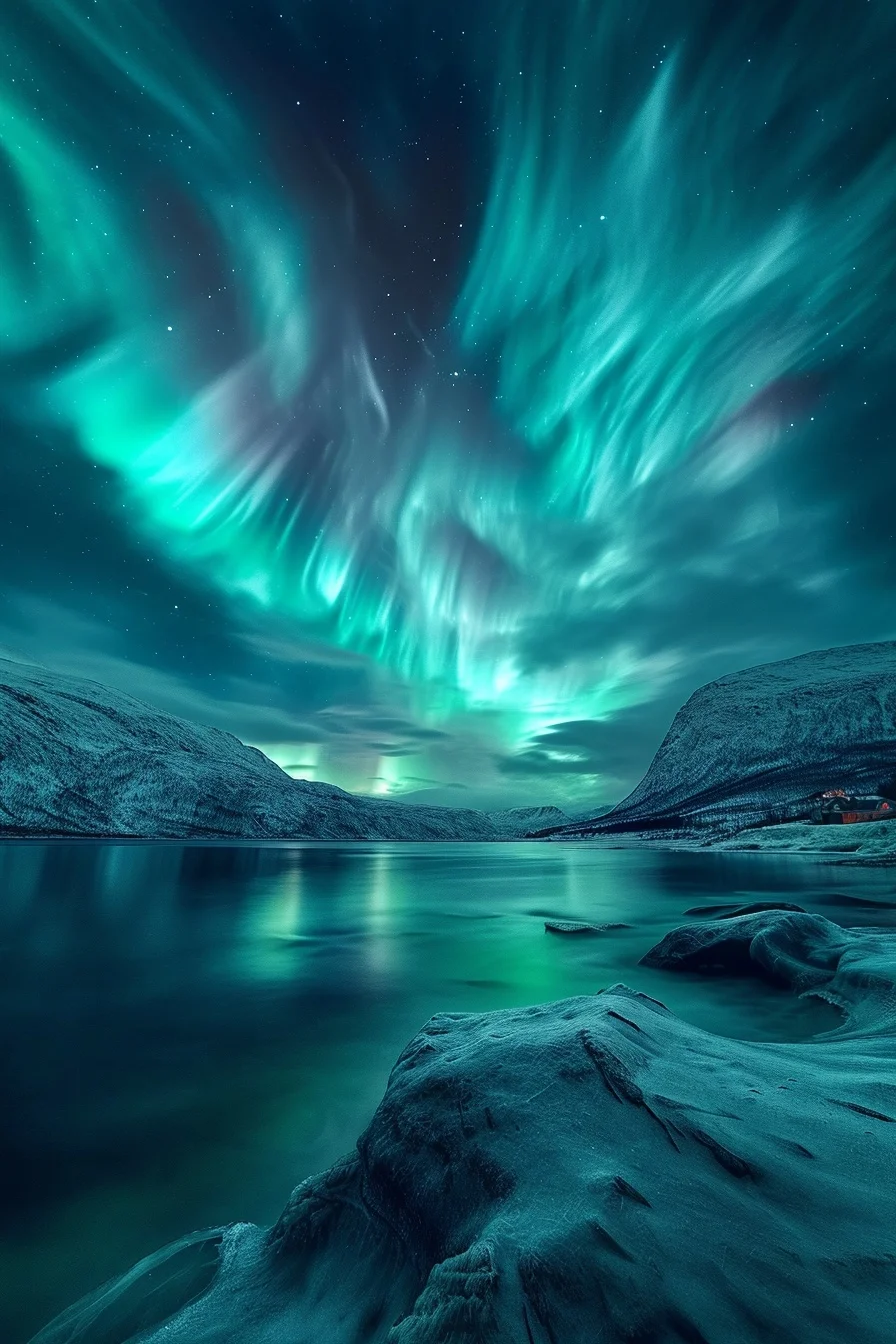 Grünes Polarlicht über einem Fjord