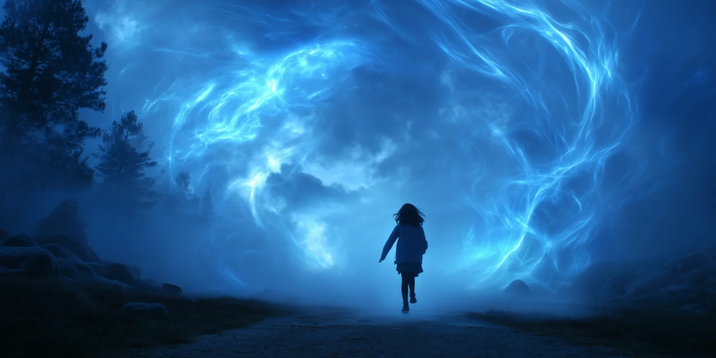 Ein Mädchen rennt auf ein Zeitportal zu, blaues Leuchten und Nebel