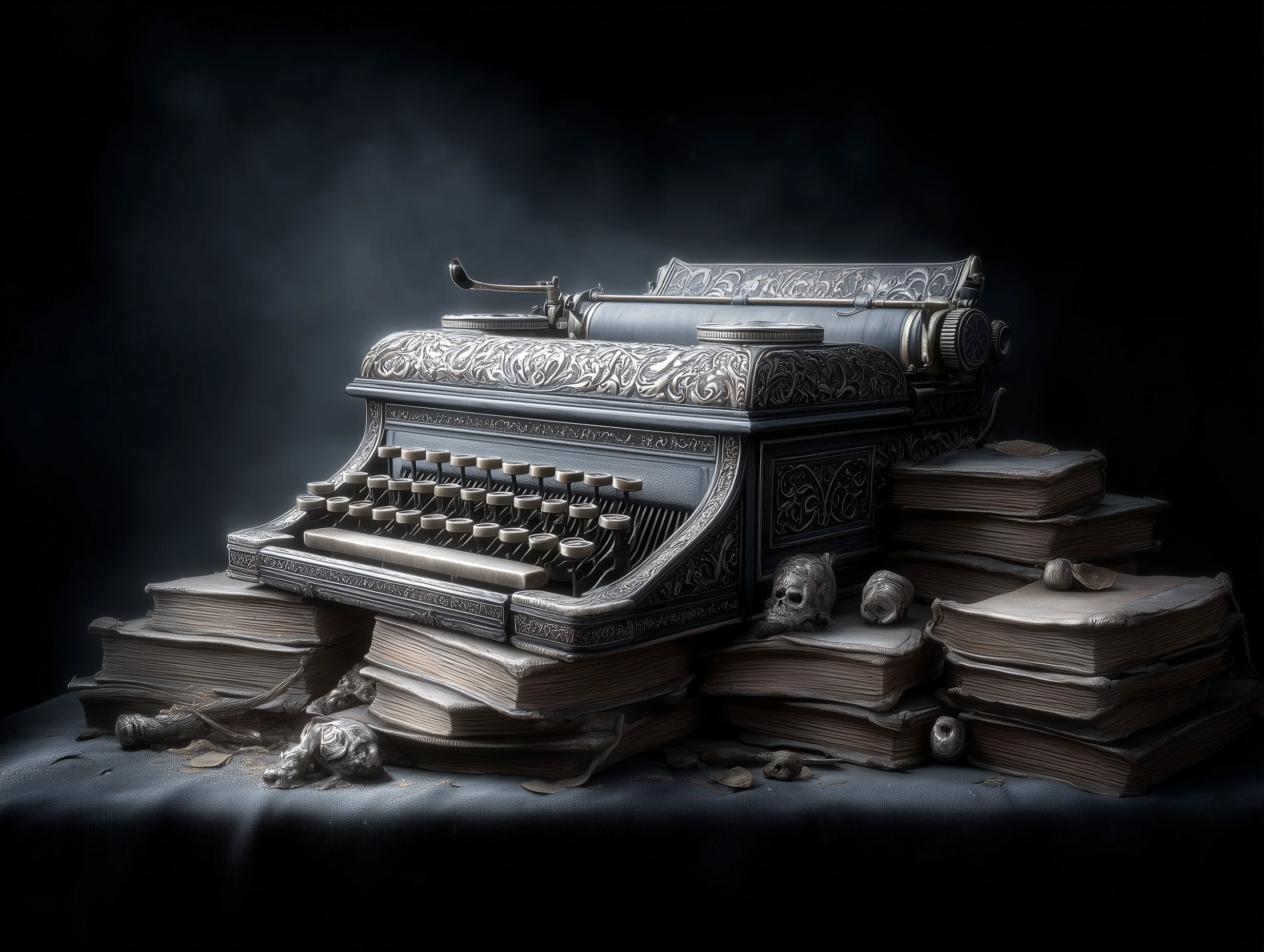 Schreibbegleitung: ornamentale Schreibmaschine auf Buchstapel, dunkler Hintergrund