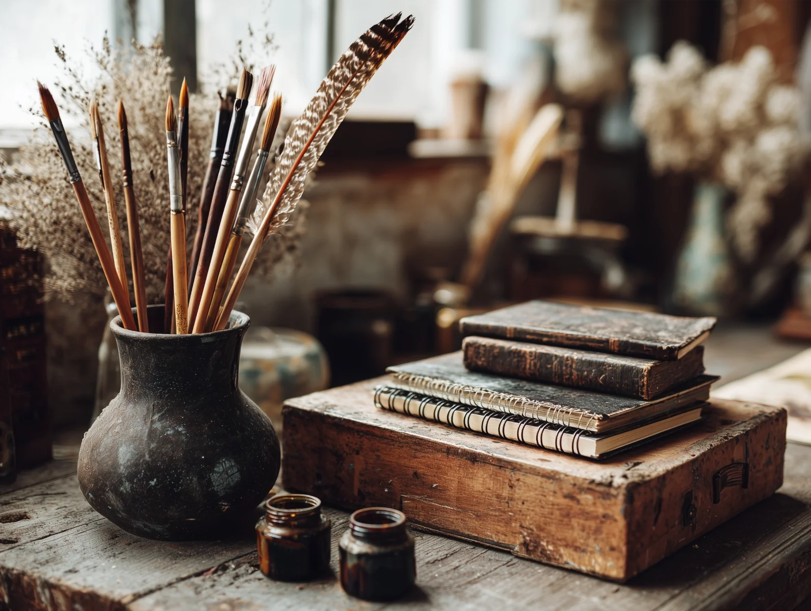 Coverdesign: Pinsel und alte Bücher