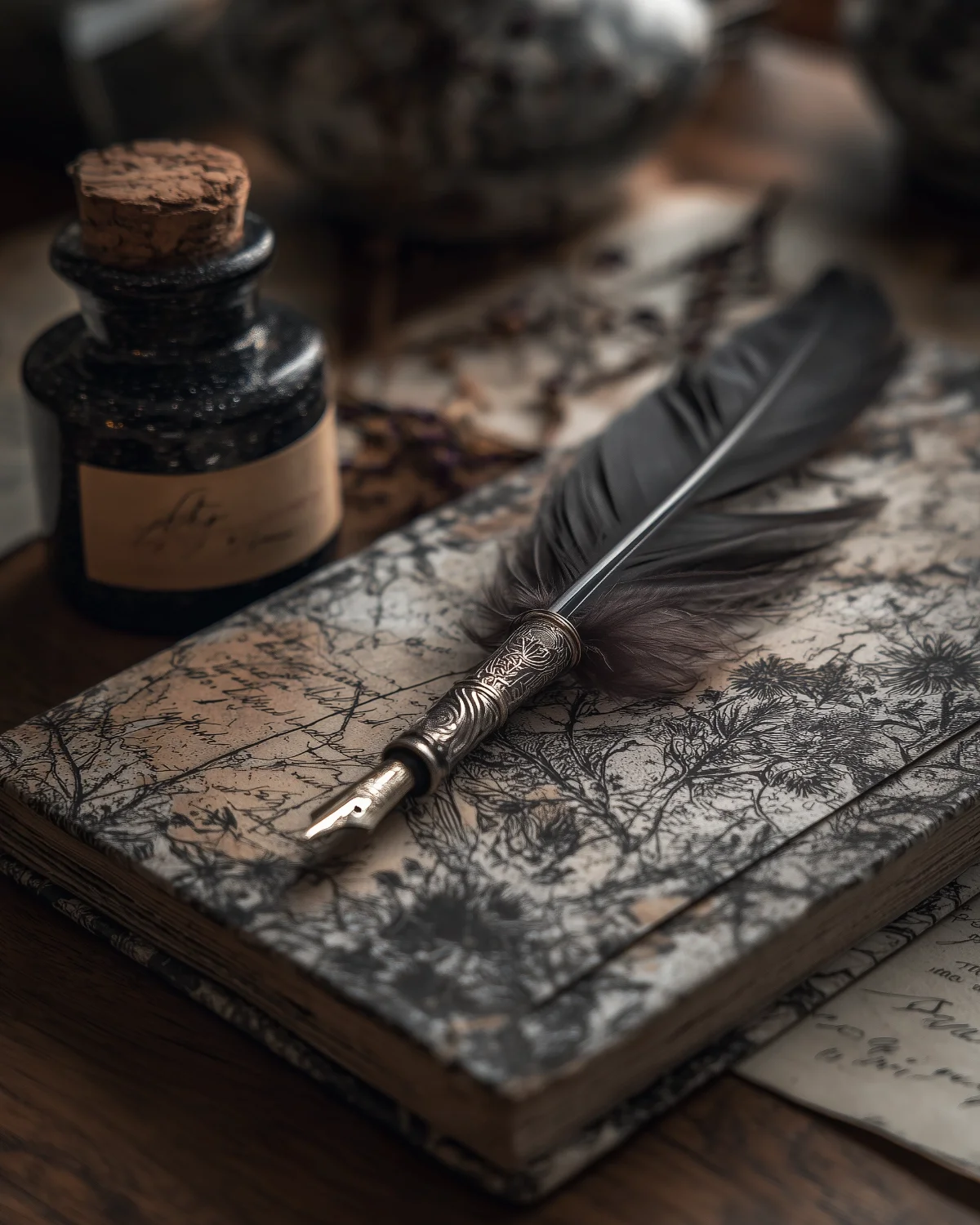 Autorendialog: alte Schreibfeder und Notizbuch