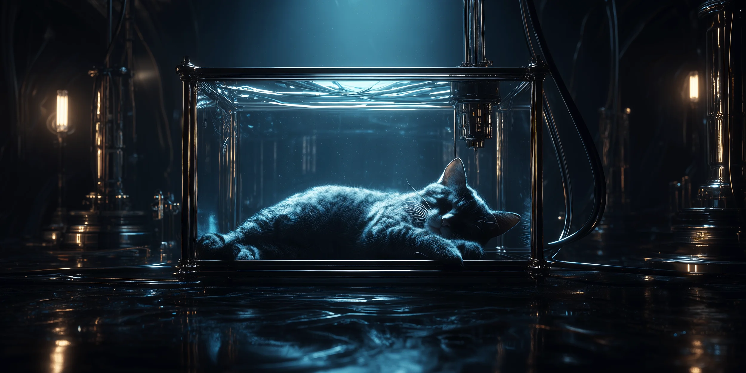 Schrödingers Katze schlafend in einem Glaskasten, Laboreinrichtung im Hintergrund, mystisch-blaue Farbgebung