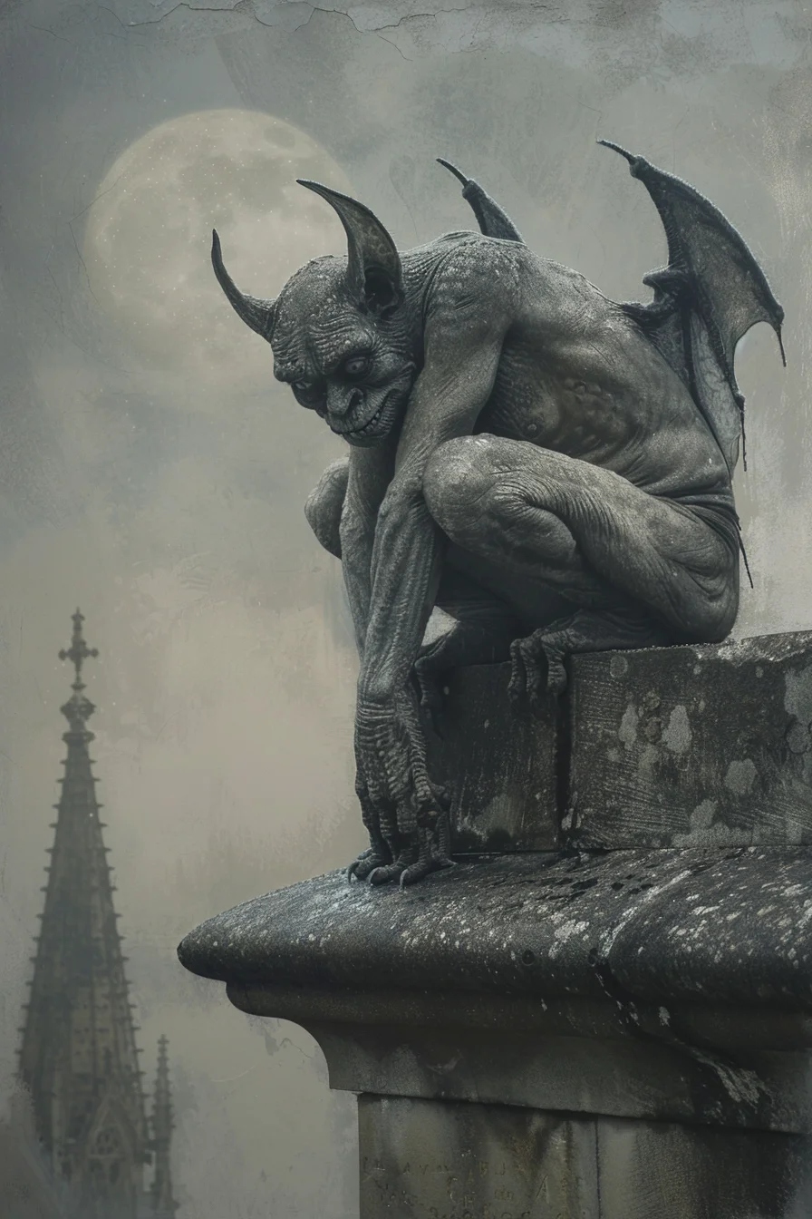 Fantasy-Darstellung eines Gargoyle auf einem Dach