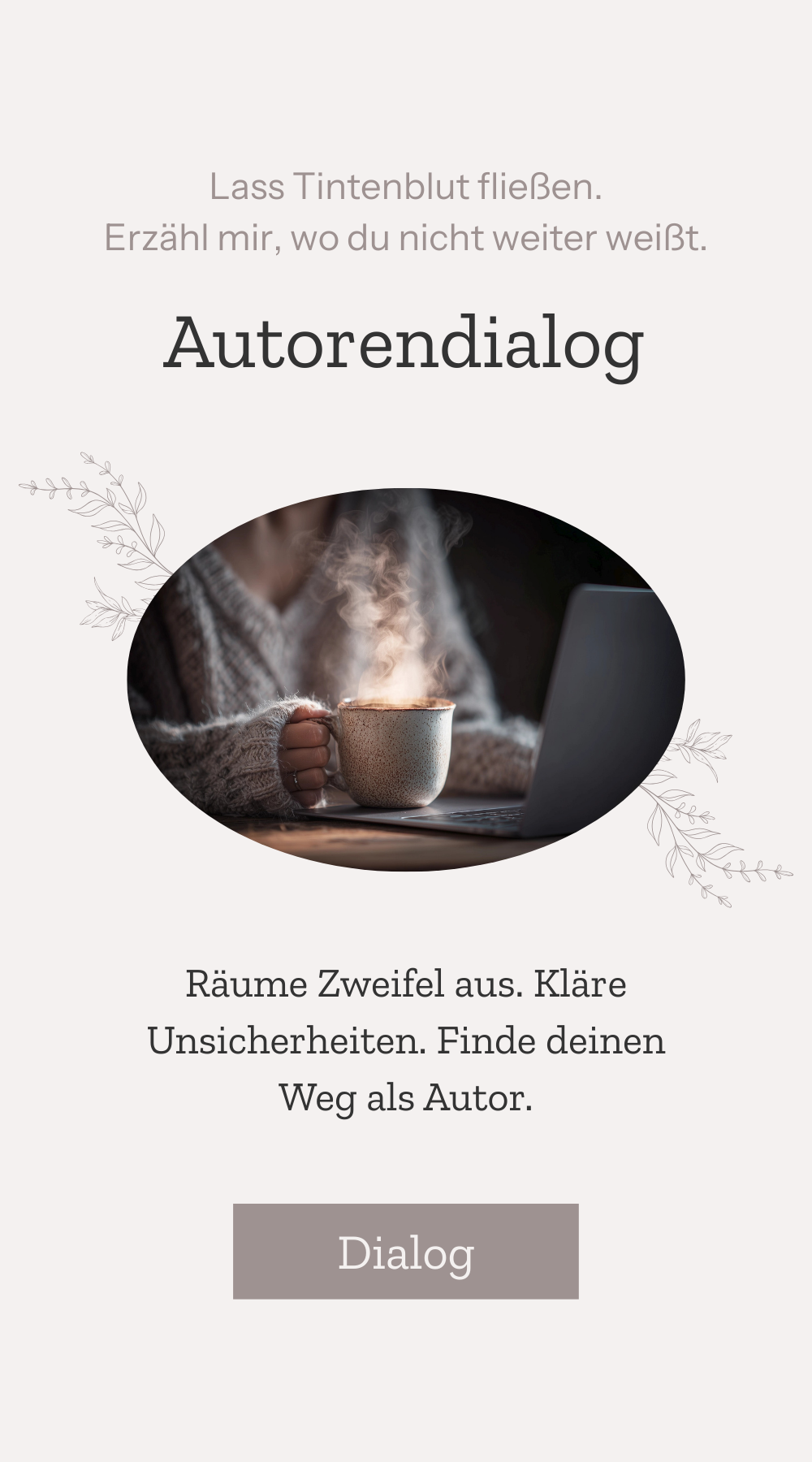 Frau hält dampfende Tasse, vor ihr ein Laptop, dazu  Button und Link zum Autorendialog