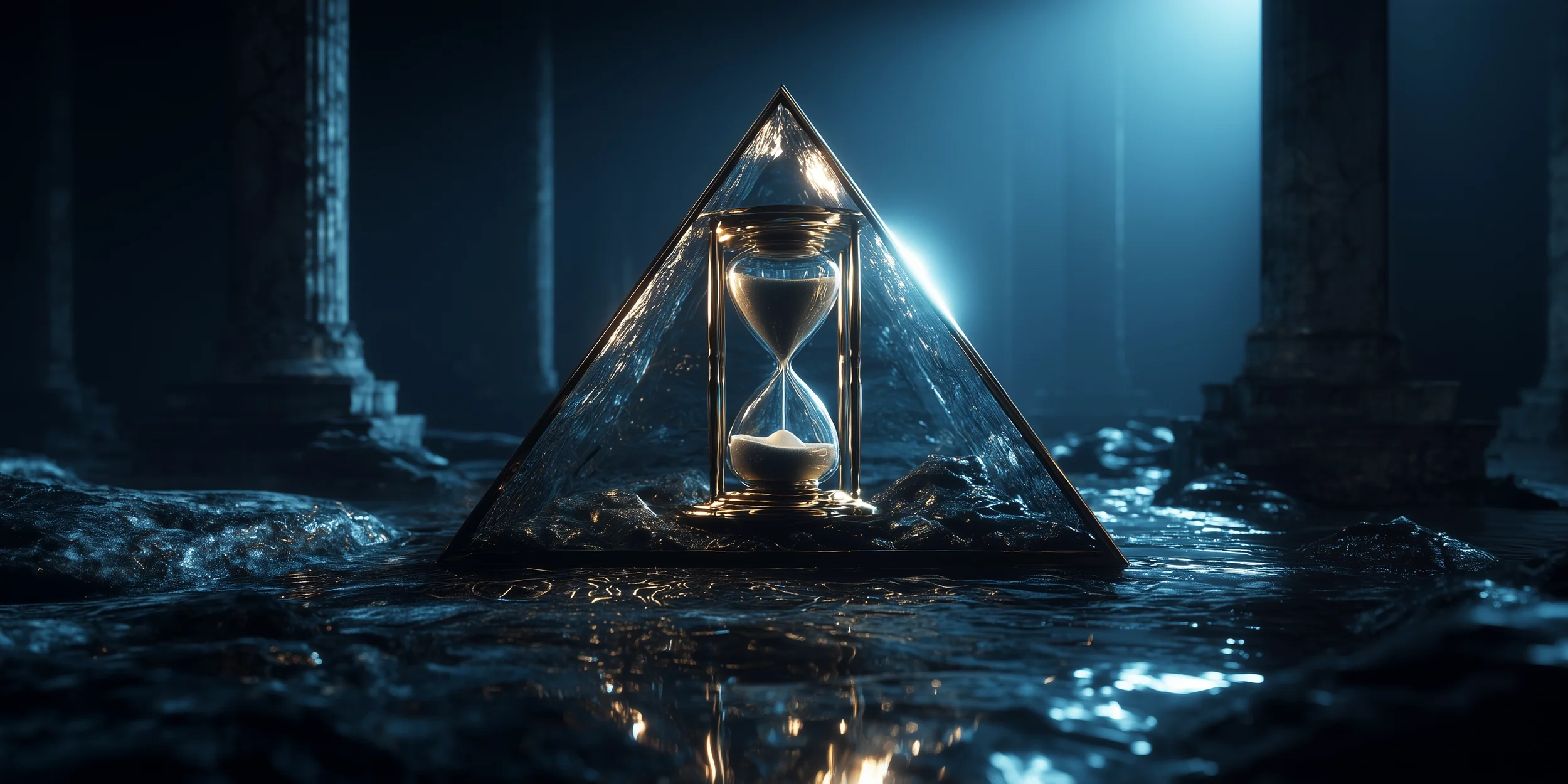 Eine Sanduhr in einer Pyramide aus Glas, Lichtreflexe auf den Kanten, antike Säulen im Hintergrund, mystisch-blaue Farbgebung