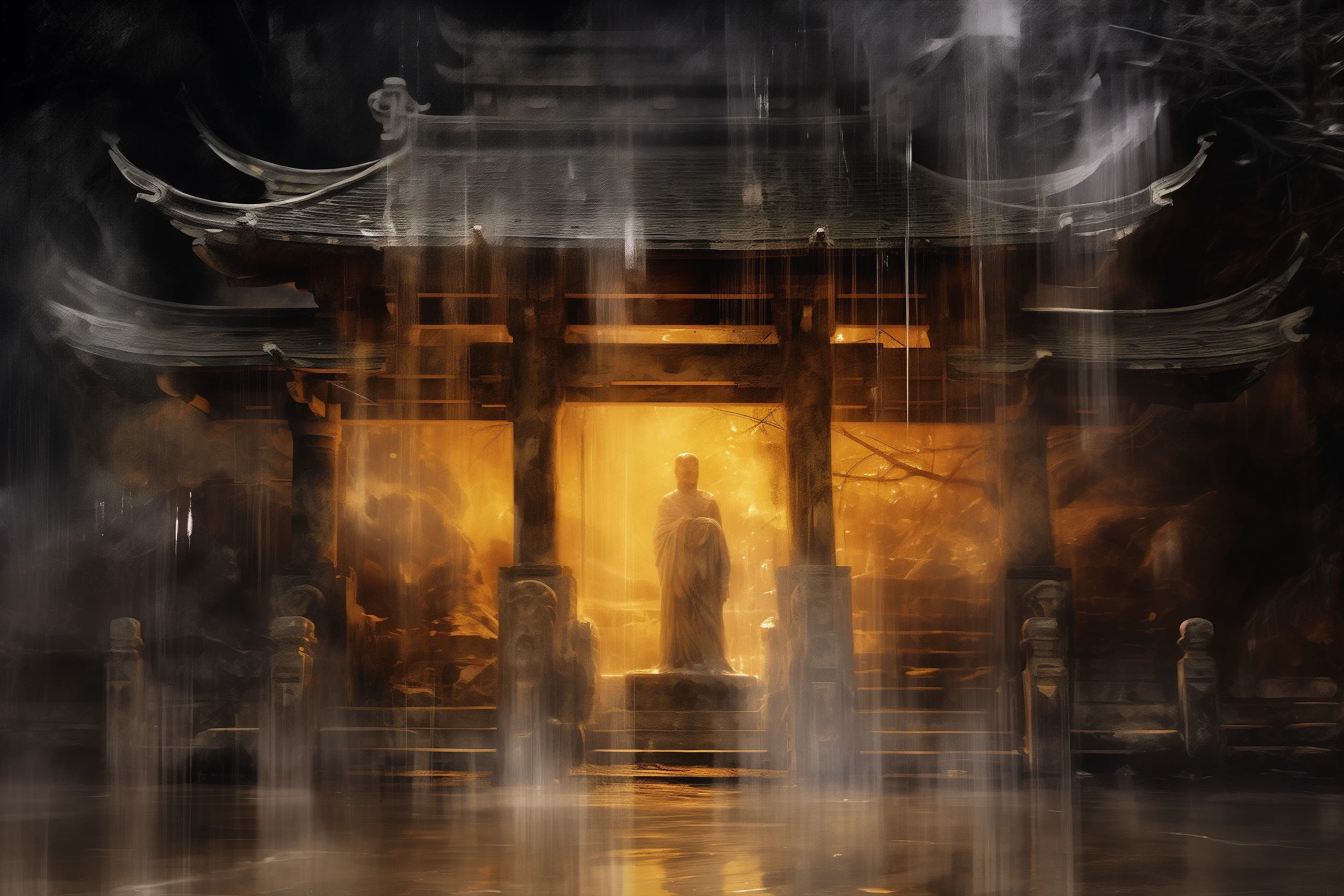 japanischer Schrein mit geisterhaften Schemen